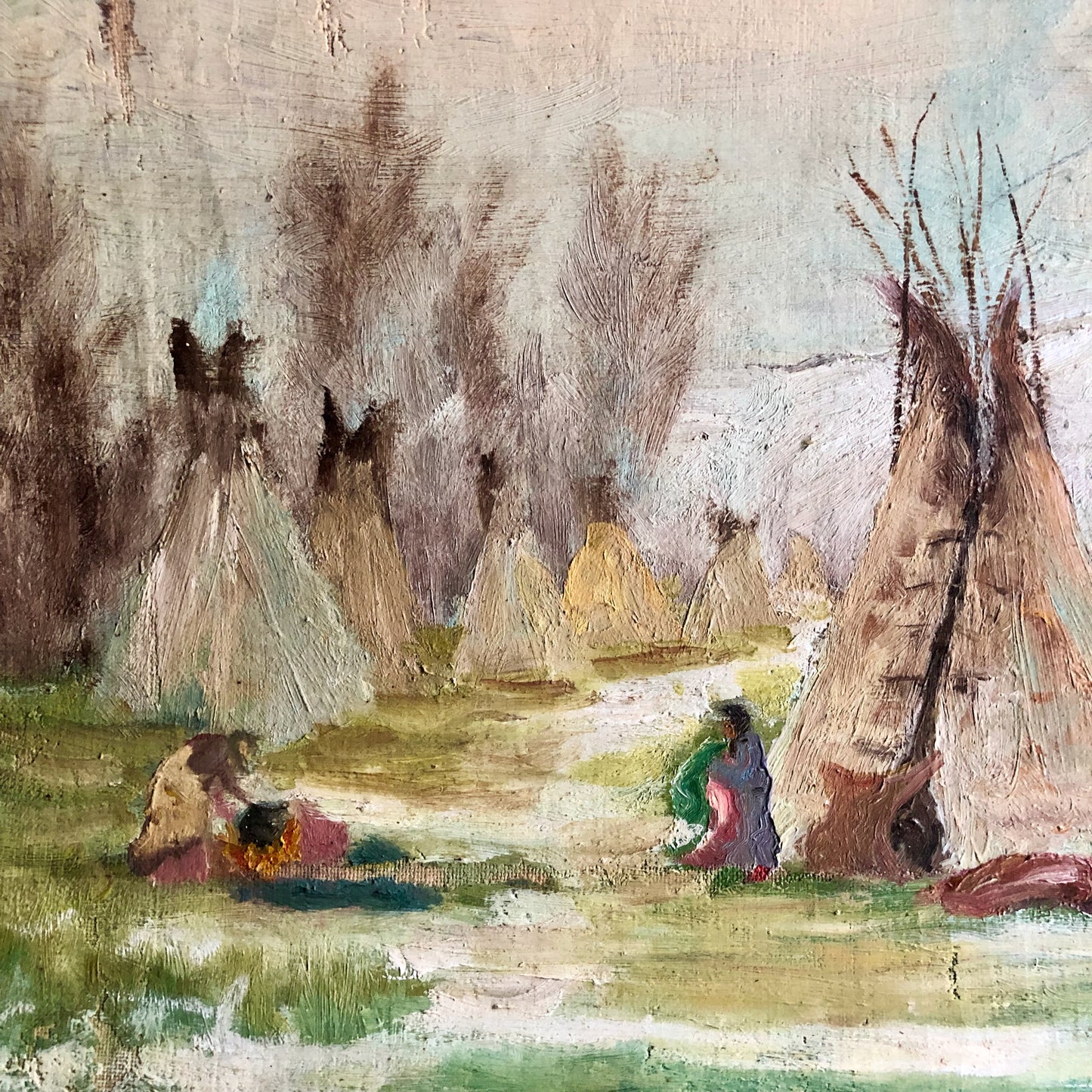 Vintage Native American Village Oil Painting on Canvas