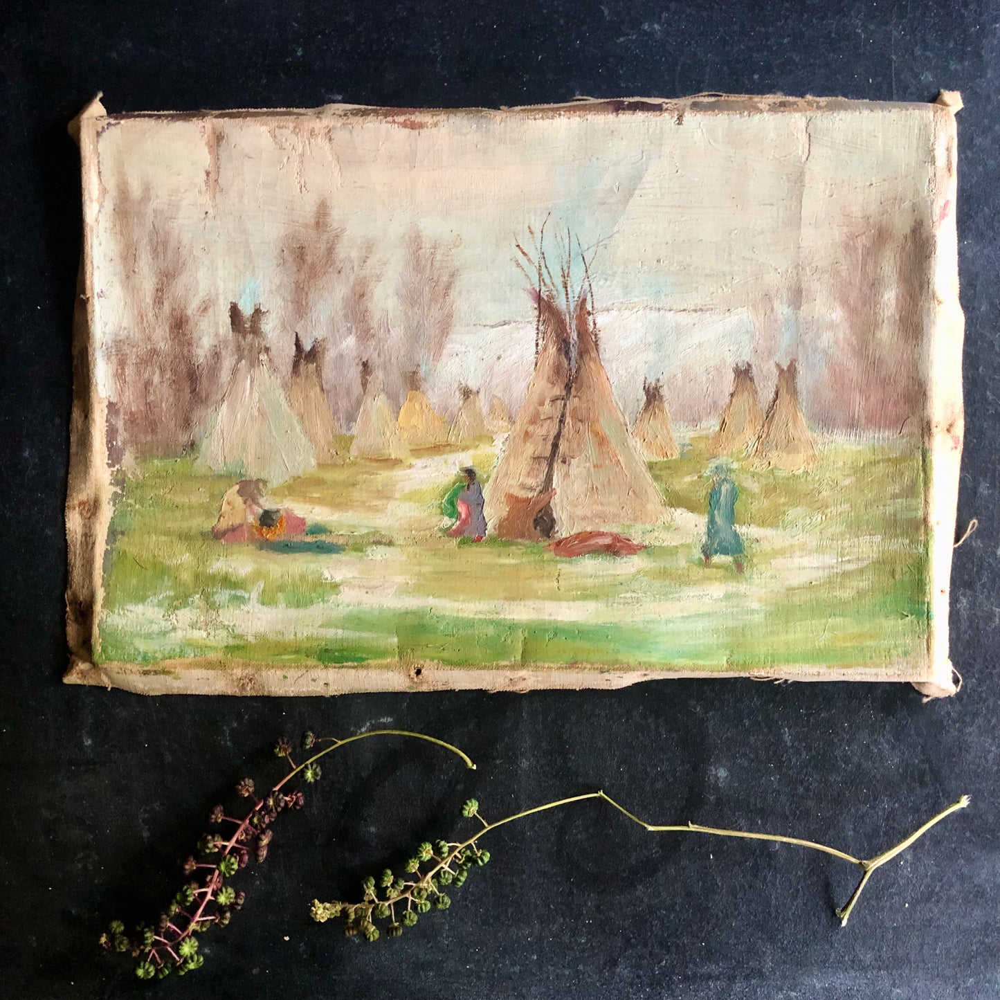 Vintage Native American Village Oil Painting on Canvas