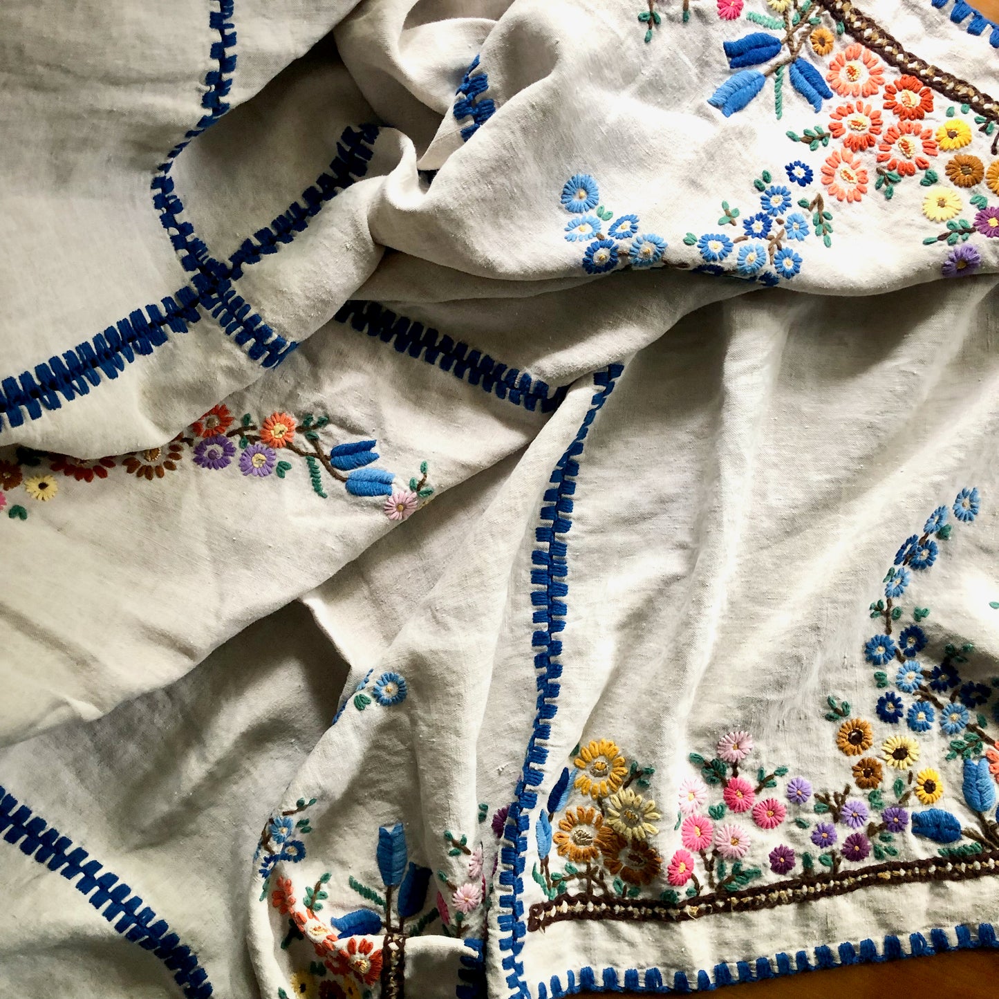 Vintage Bohemian Embroidered Linen Tablecloth (c.1970s)