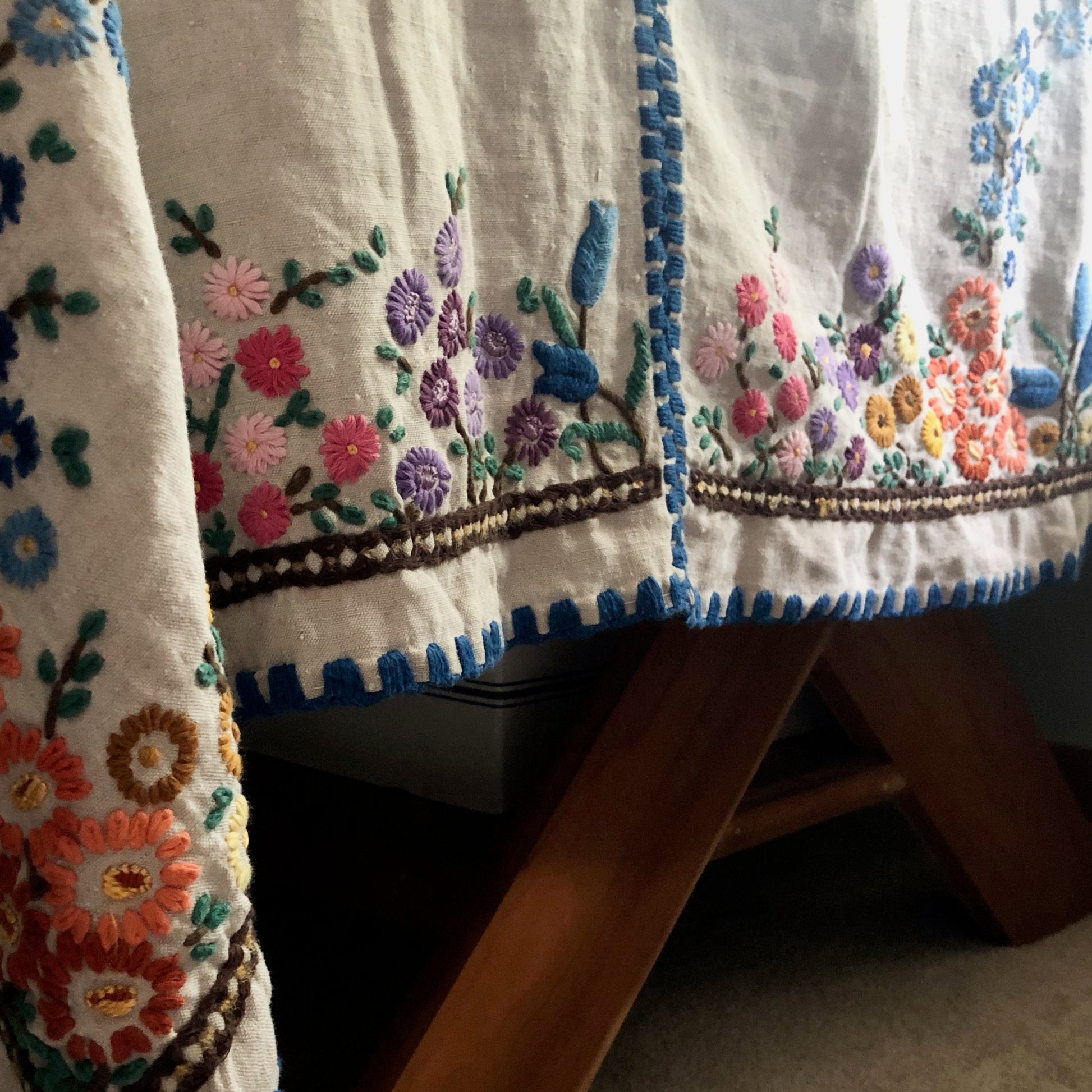 Vintage Bohemian Embroidered Linen Tablecloth (c.1970s)