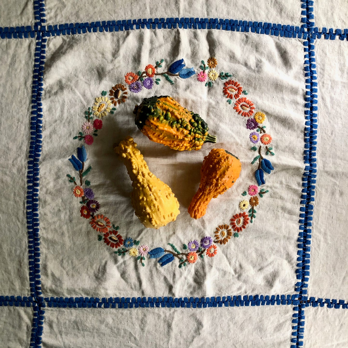 Vintage Bohemian Embroidered Linen Tablecloth (c.1970s)