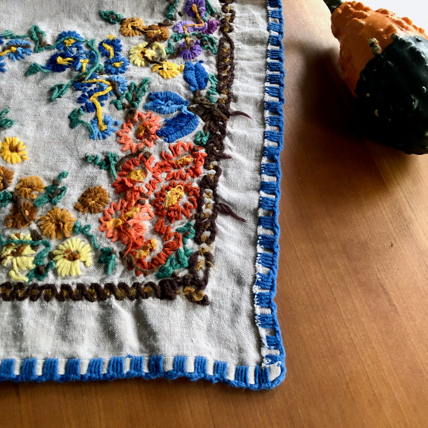 Vintage Bohemian Embroidered Linen Tablecloth (c.1970s)