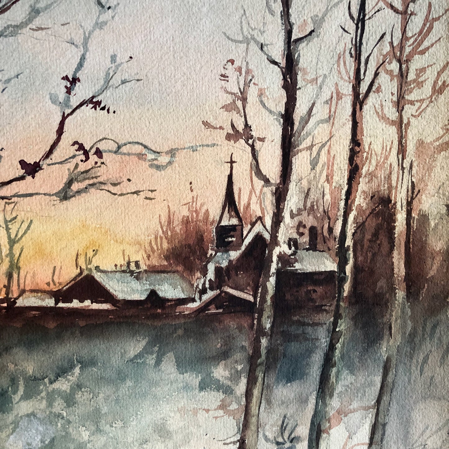 Vintage Winter Scene Watercolor (1900s)