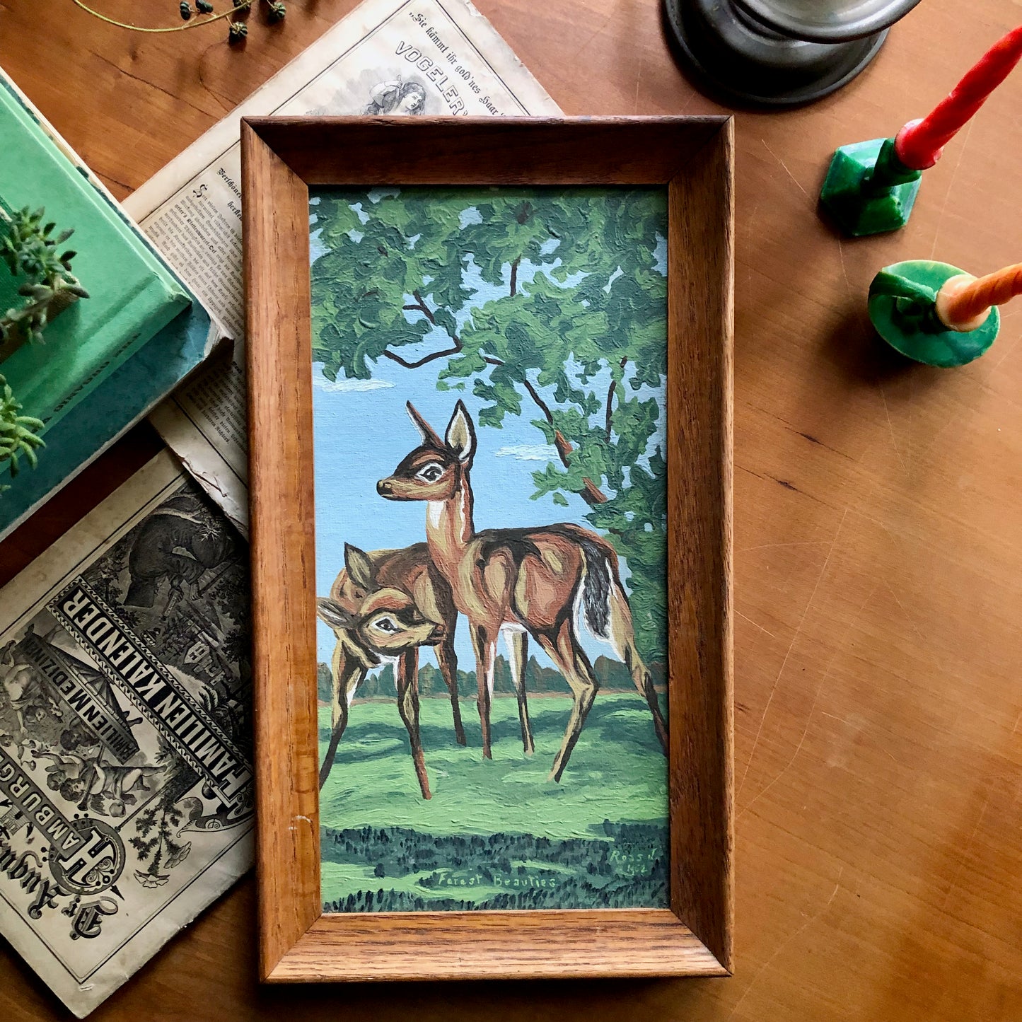 Two Vintage Paint By Numbers Deer in the Woods (c.1960s)