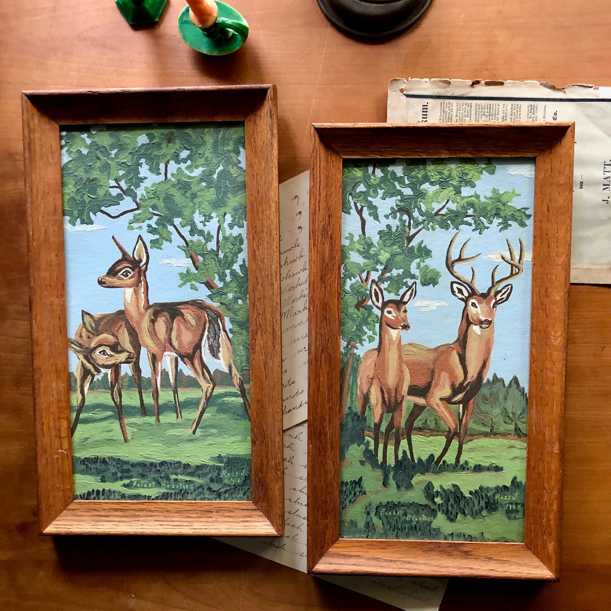 Two Vintage Paint By Numbers Deer in the Woods (c.1960s)