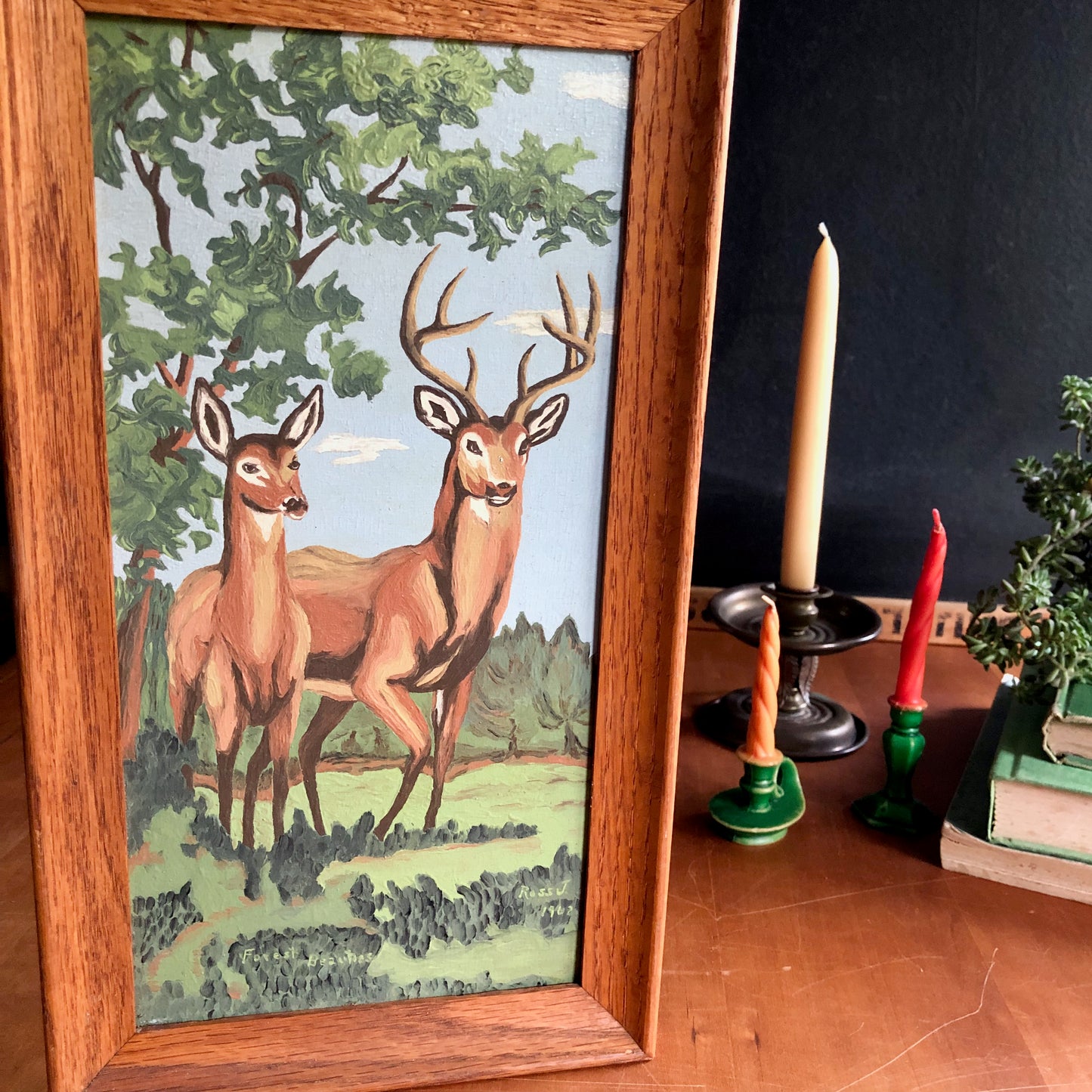 Two Vintage Paint By Numbers Deer in the Woods (c.1960s)