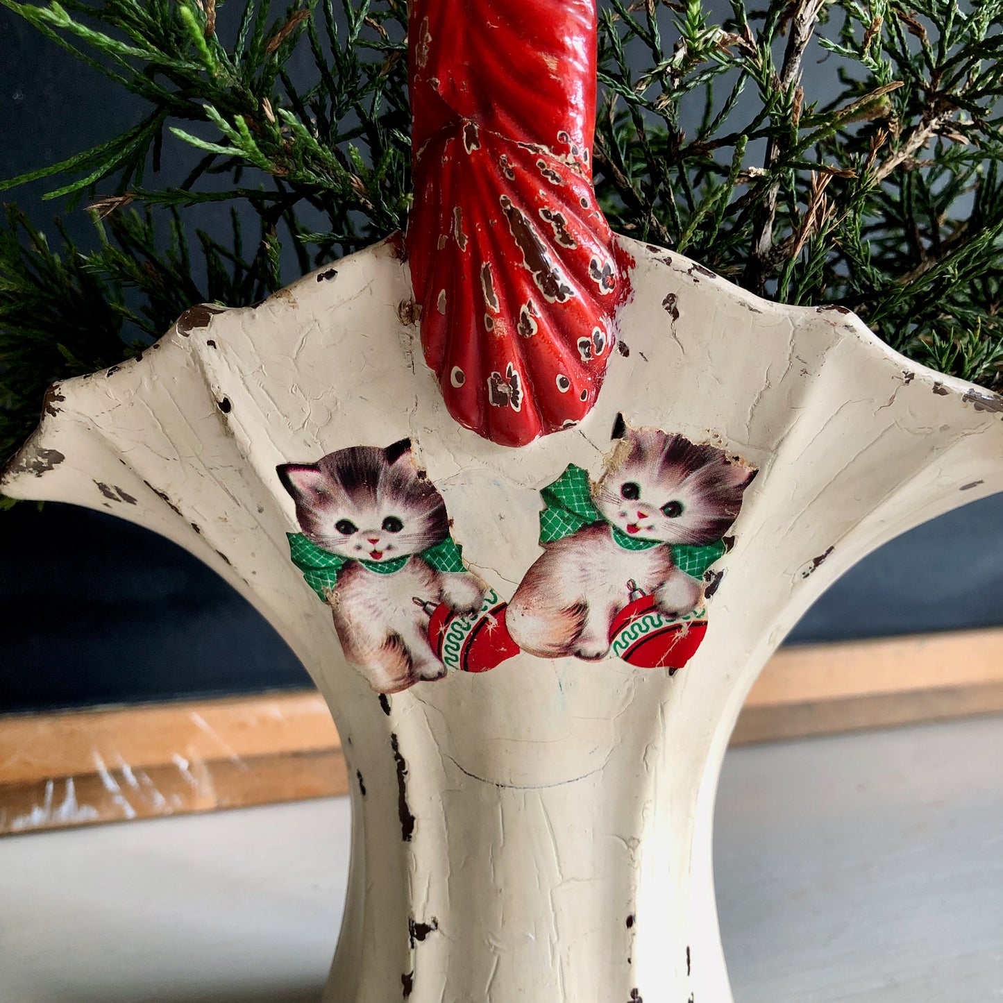 Vintage Painted Christmas Basket Fan Vase