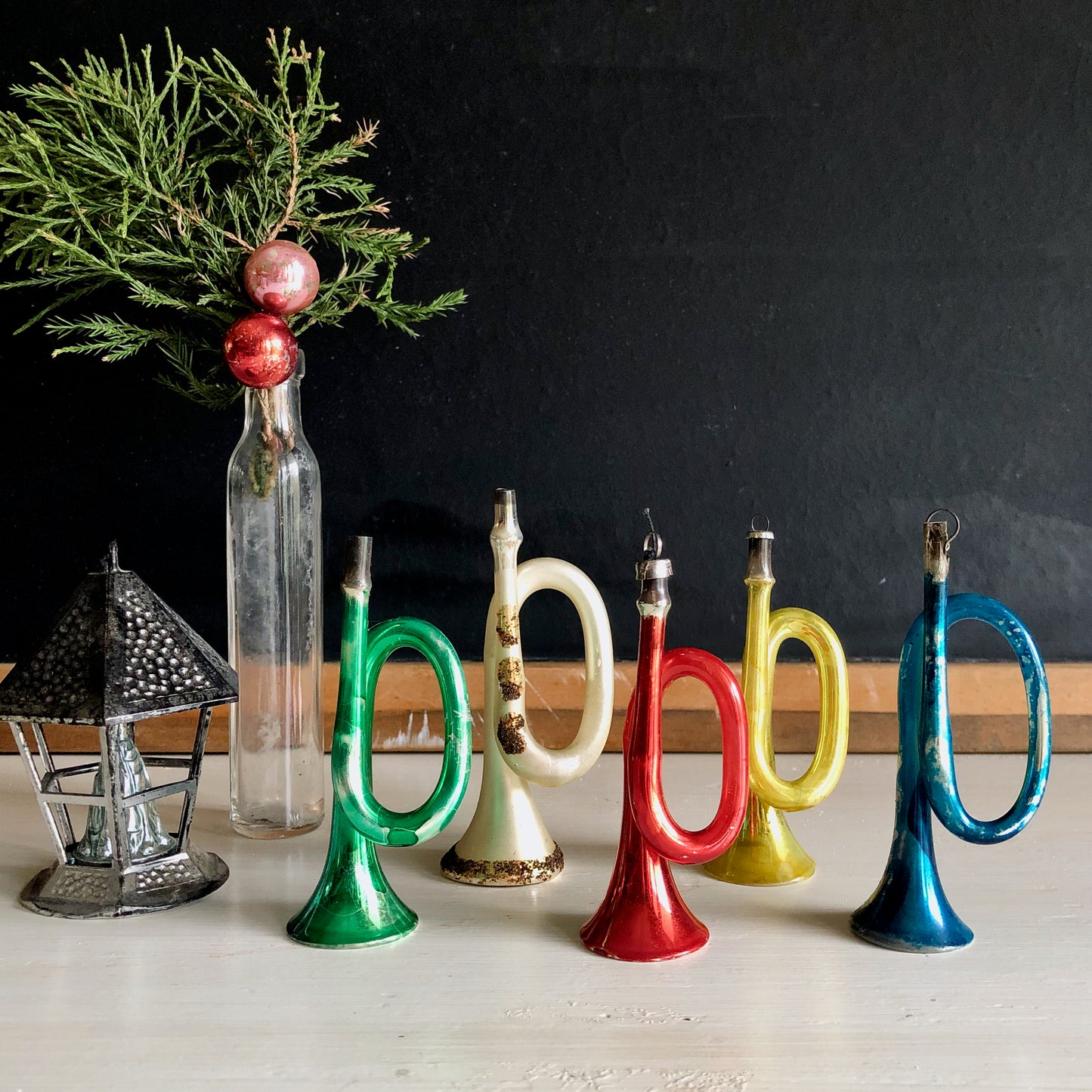 Vintage Blown Mercury Glass Horn Ornaments, Set of 5 (c.1930s)