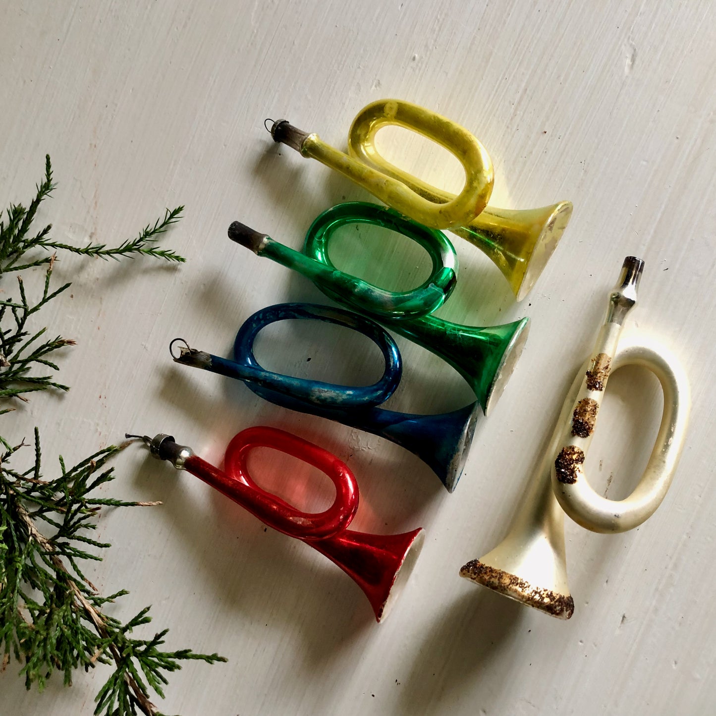 Vintage Blown Mercury Glass Horn Ornaments, Set of 5 (c.1930s)