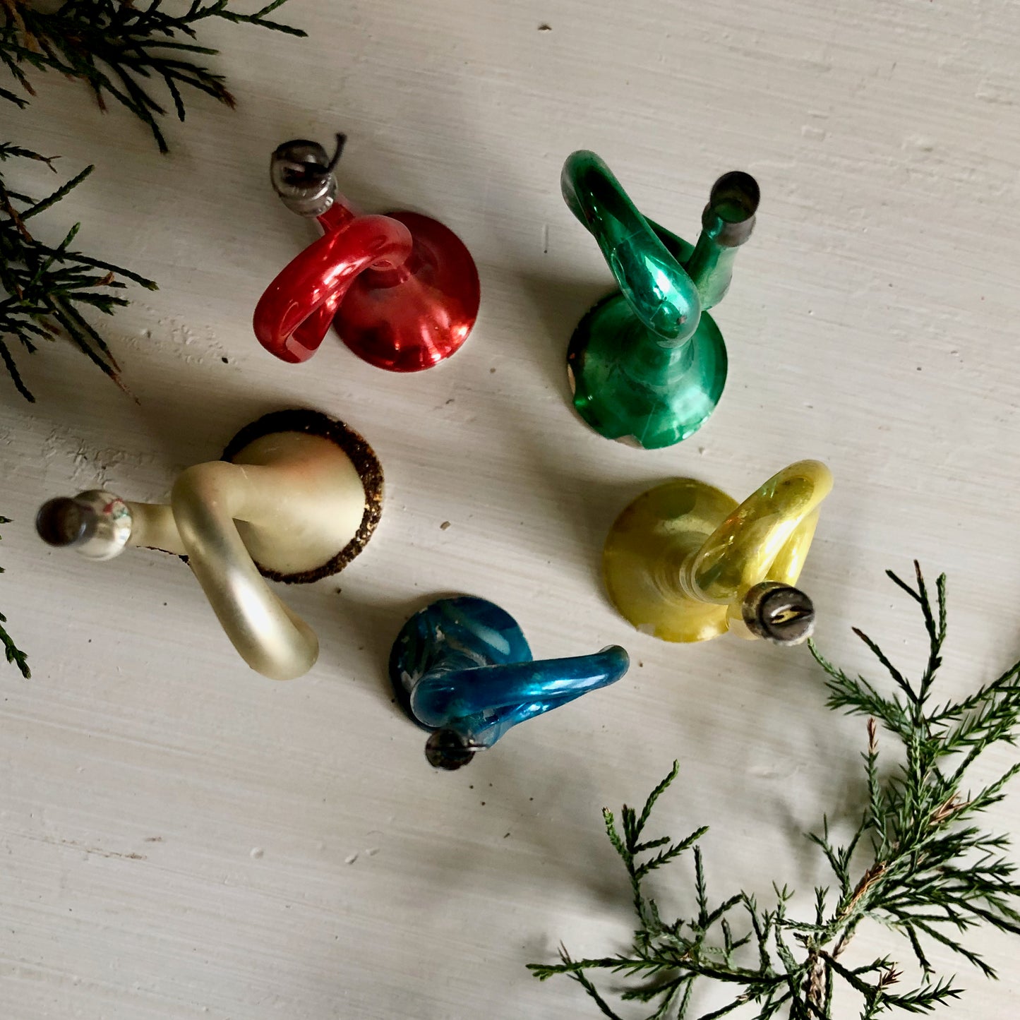 Vintage Blown Mercury Glass Horn Ornaments, Set of 5 (c.1930s)