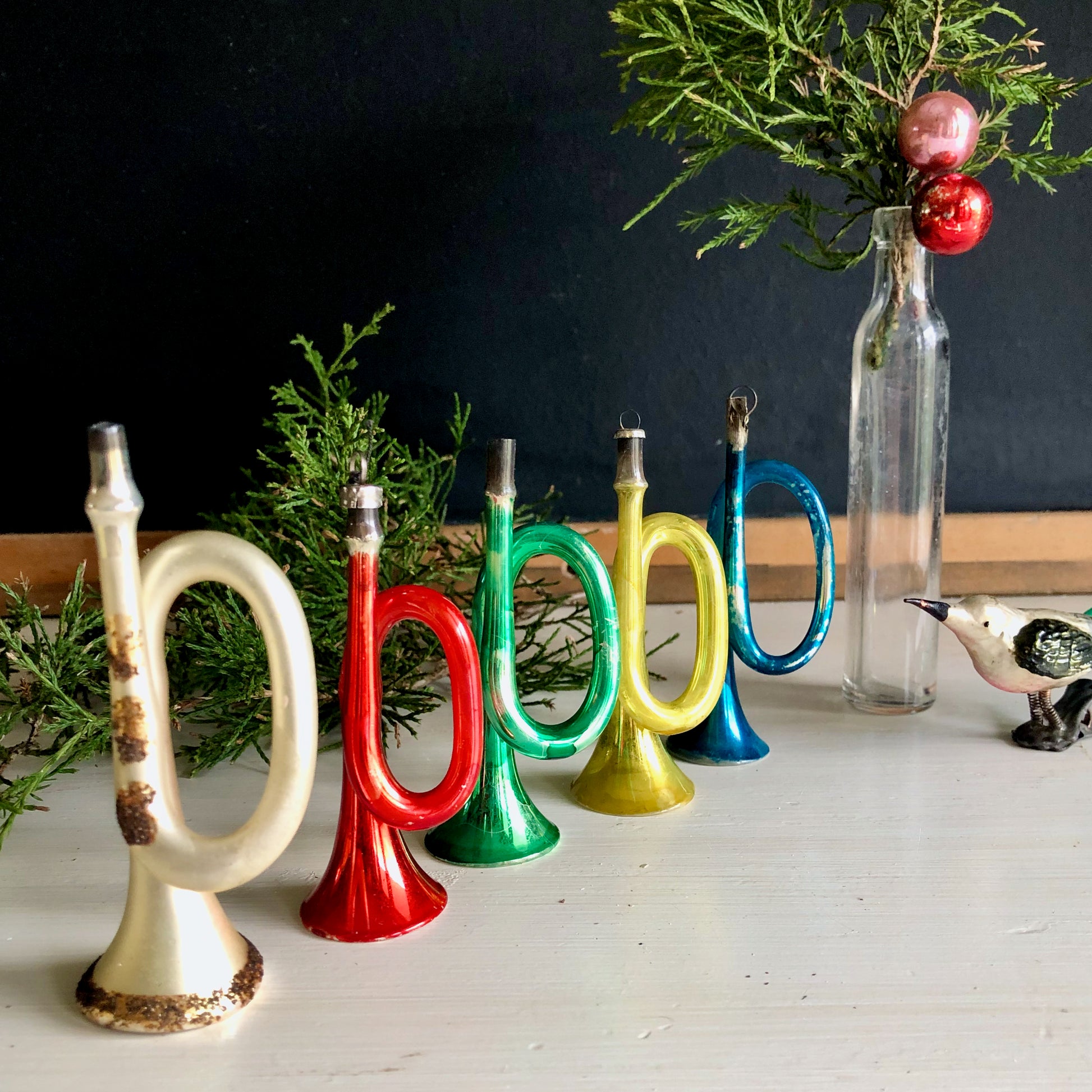 Vintage Blown Mercury Glass Horn Ornaments, Set of 5 (c.1930s)