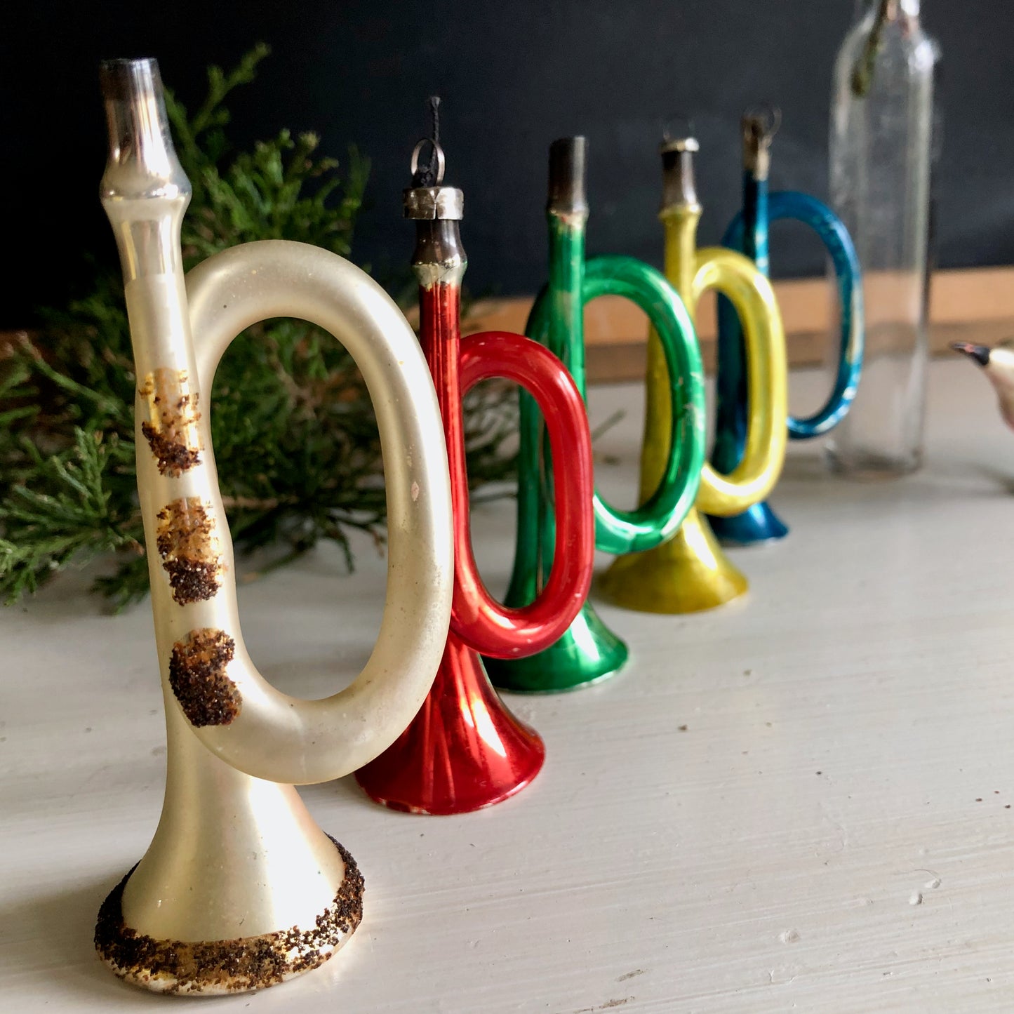 Vintage Blown Mercury Glass Horn Ornaments, Set of 5 (c.1930s)