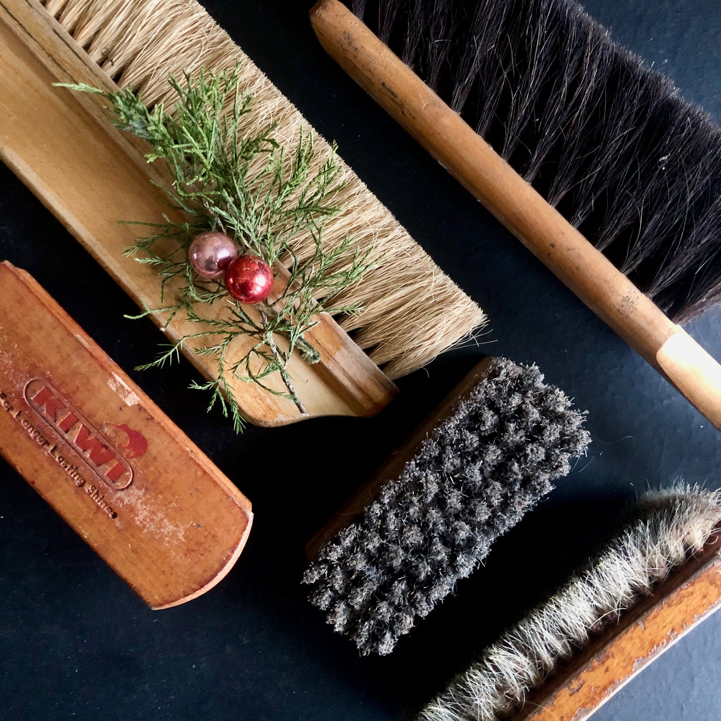 Vintage Wooden Horse Hair Utility Brushes, Set of 5