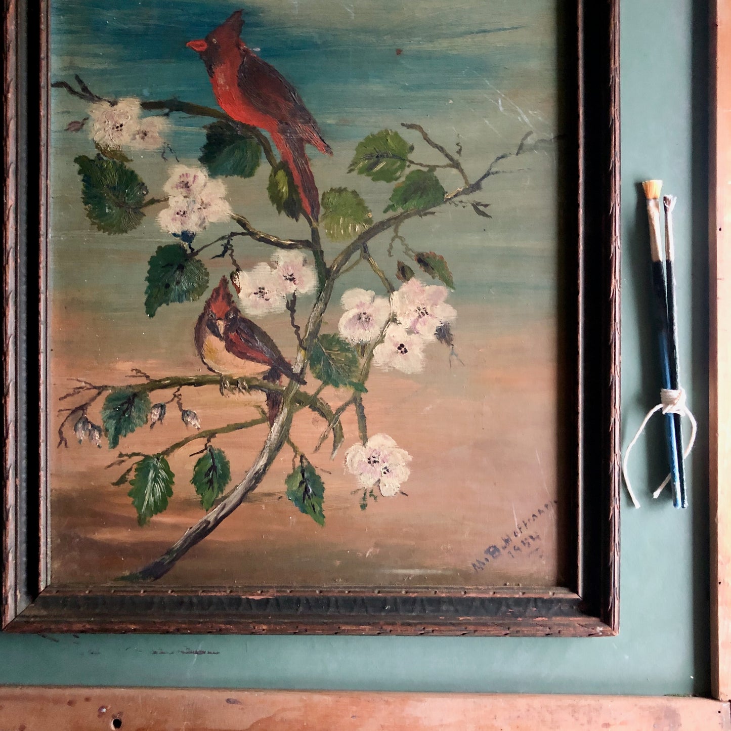 Primitive Oil Painting of Cardinals on Tree Branch (c.1954)