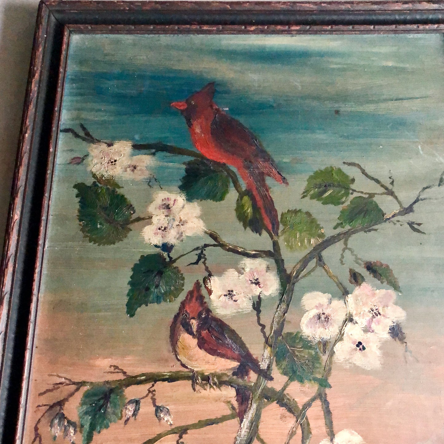 Primitive Oil Painting of Cardinals on Tree Branch (c.1954)