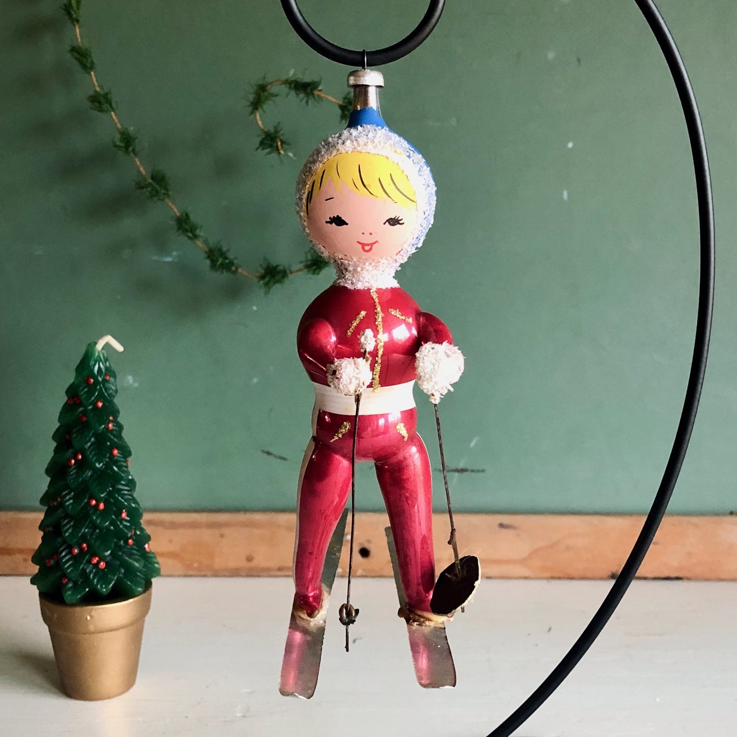 Vintage De Carlini Girl Snow Skier Ornament (c.1950s)