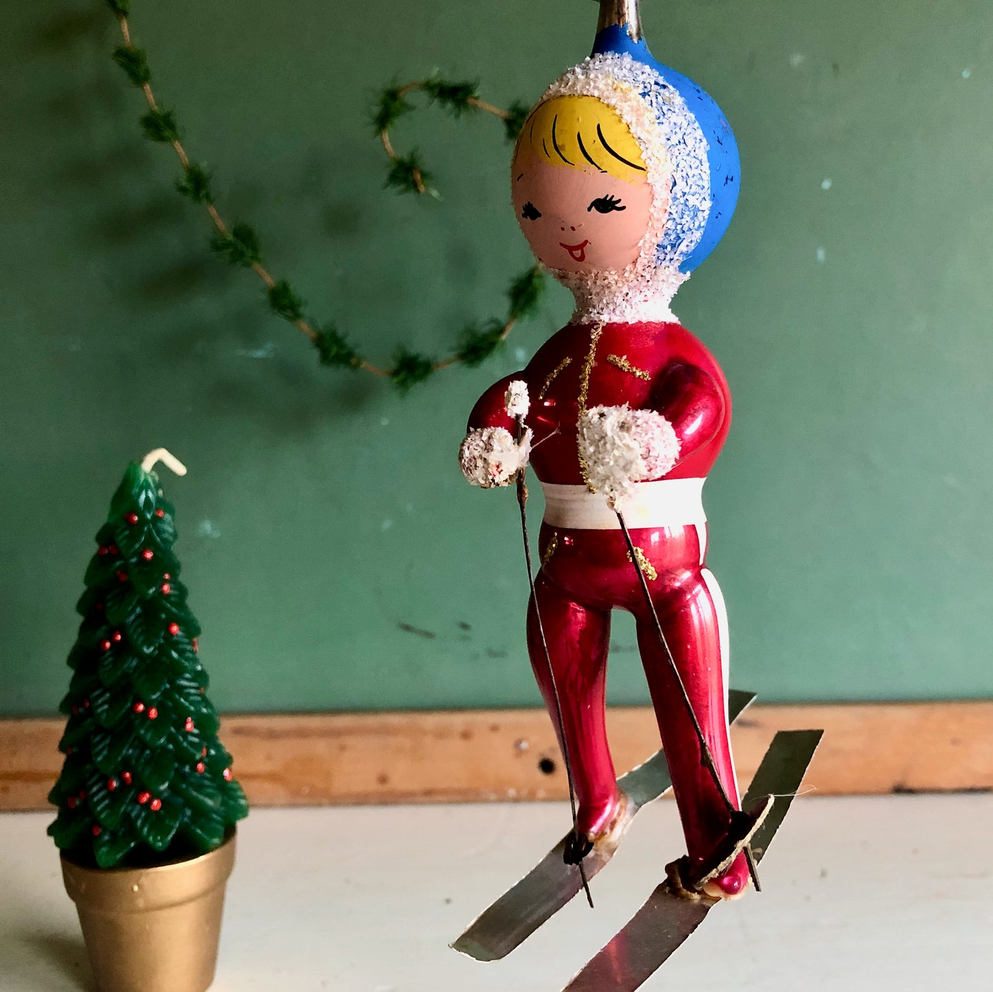 Vintage De Carlini Girl Snow Skier Ornament (c.1950s)