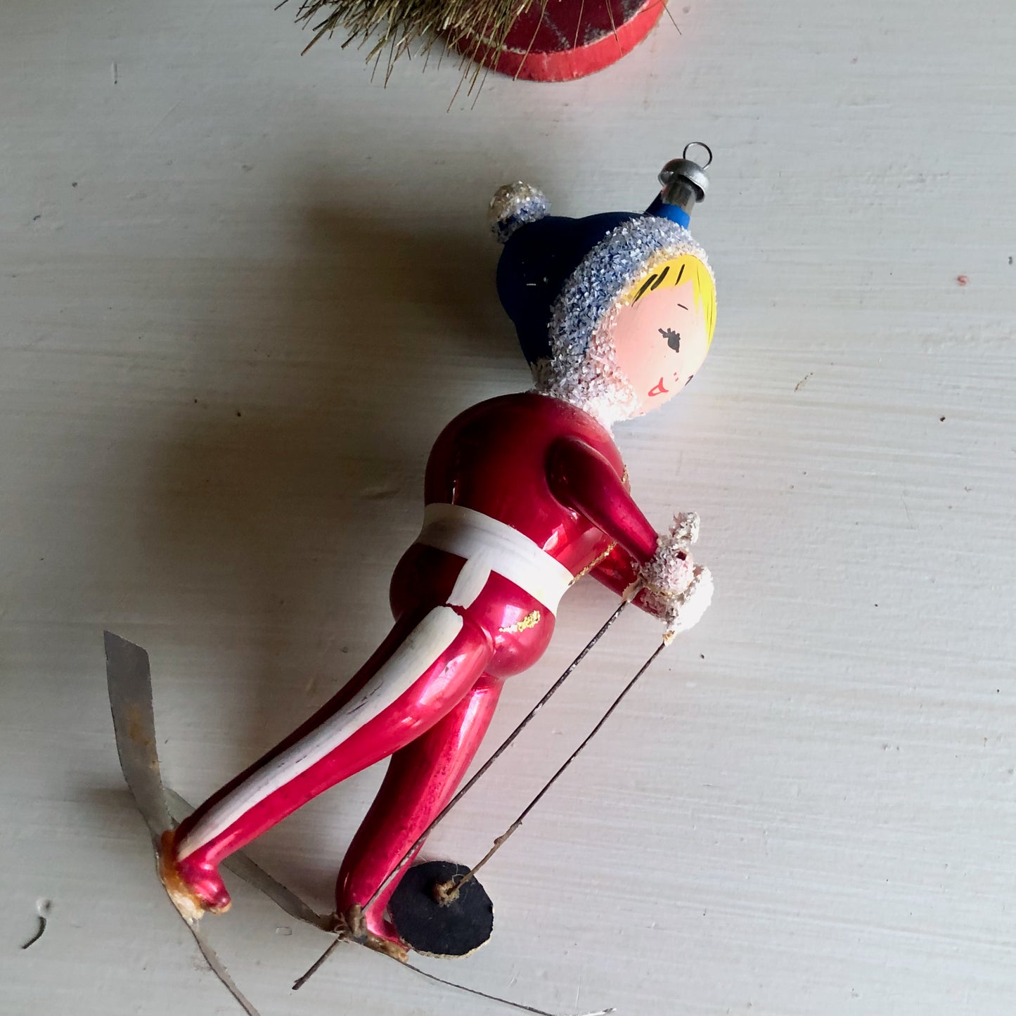 Vintage De Carlini Girl Snow Skier Ornament (c.1950s)