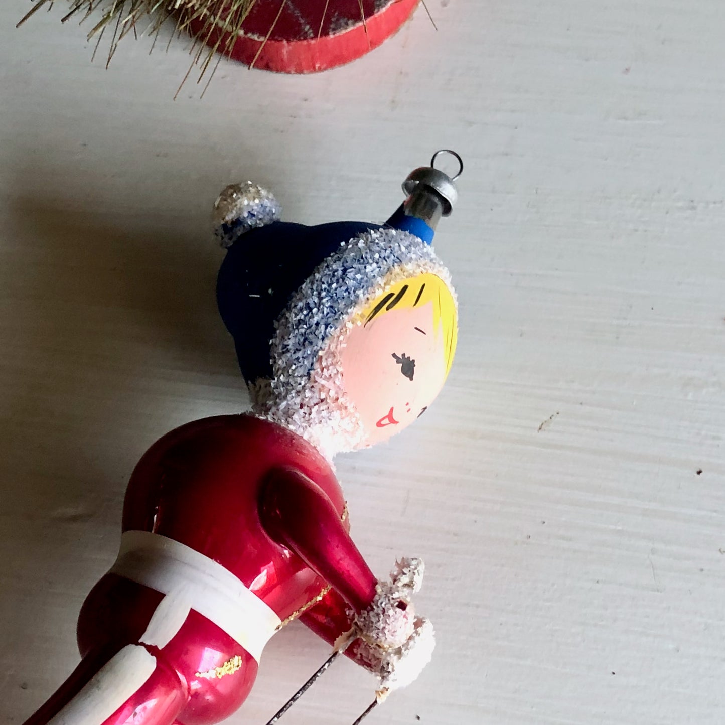 Vintage De Carlini Girl Snow Skier Ornament (c.1950s)