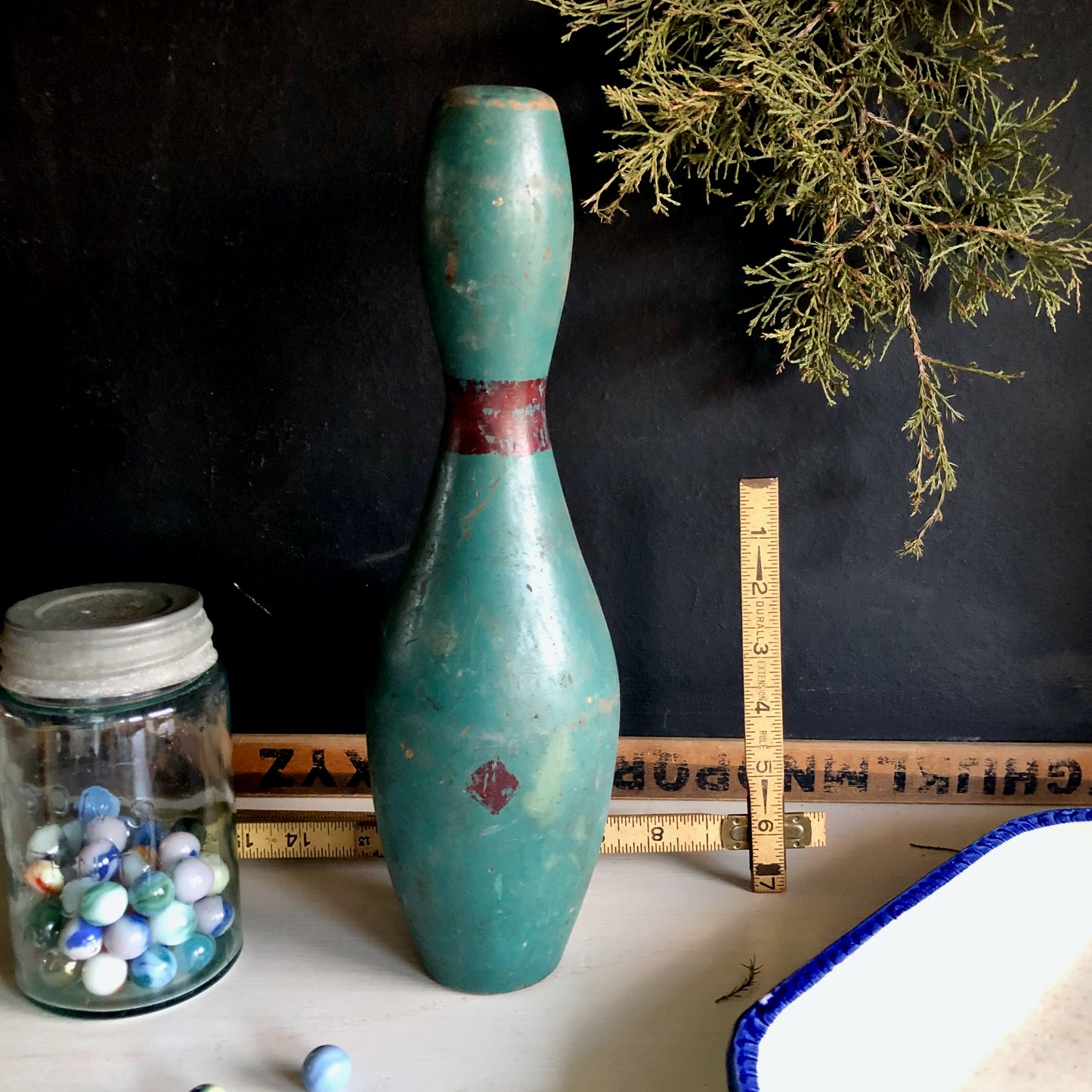 Vintage Green Striped Bowling Pin