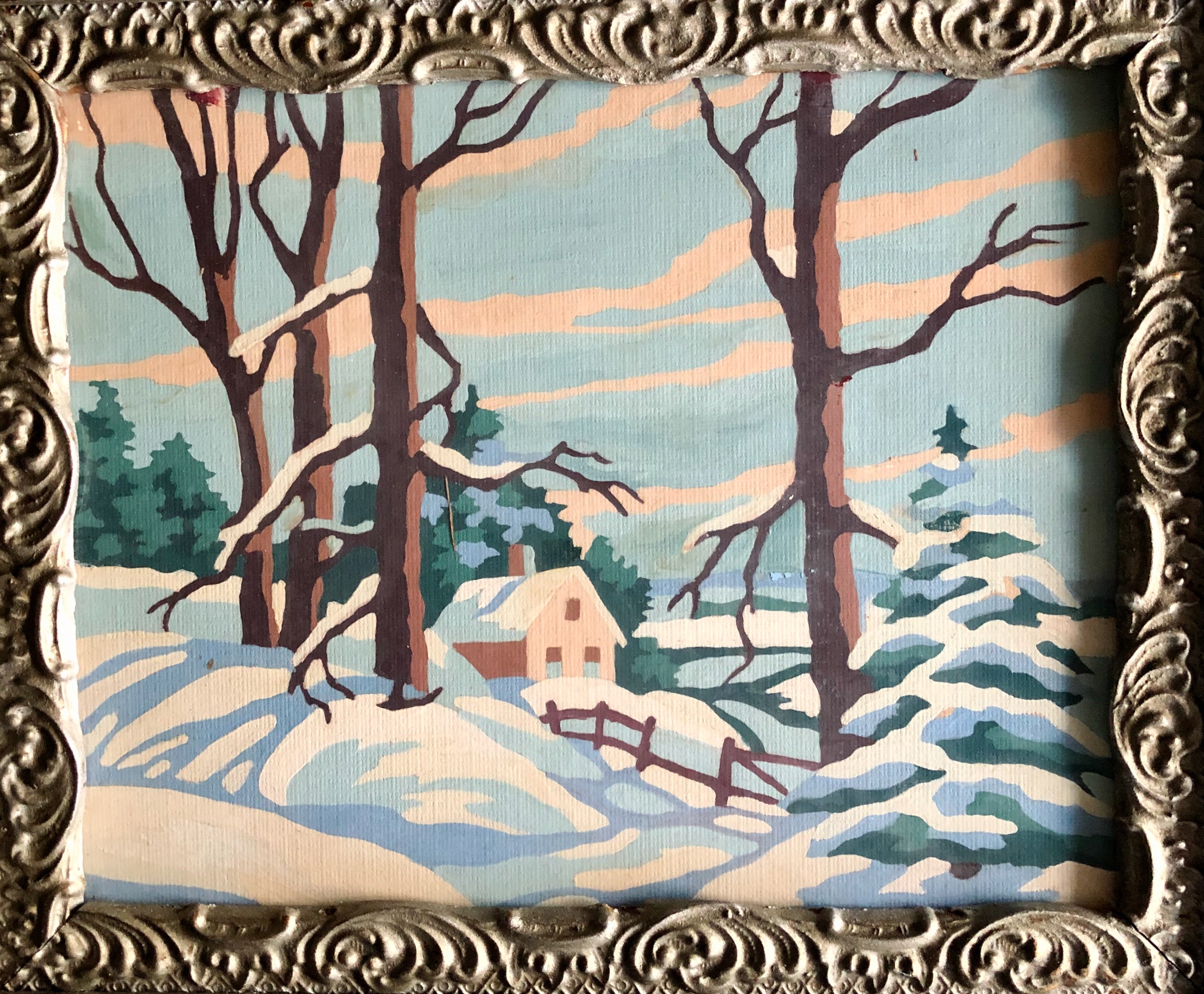 Lot of 2 Vintage Paint By Number PBN Winter Landscape Snow Scene 12