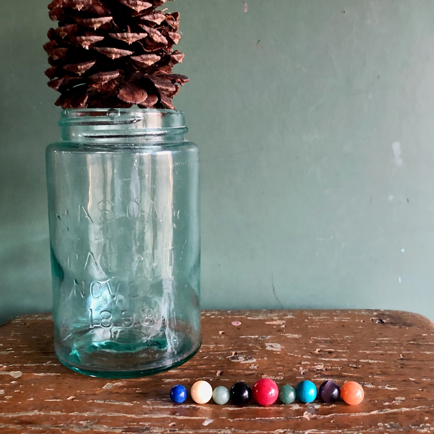 300+ Peewee Marbles in Antique Mason Jar