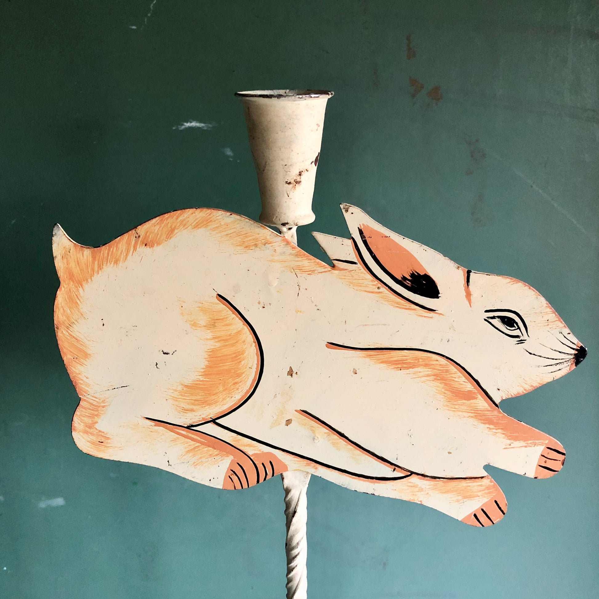 Painted Folk Art Rabbit Candle Holders, Set of 2