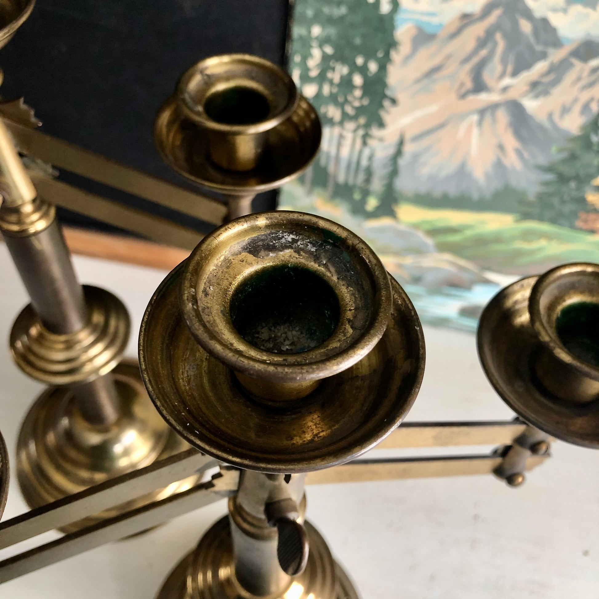 Vintage Adjustable Three-Light Brass Candelabras, Set of 2