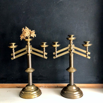 Vintage Adjustable Three-Light Brass Candelabras, Set of 2