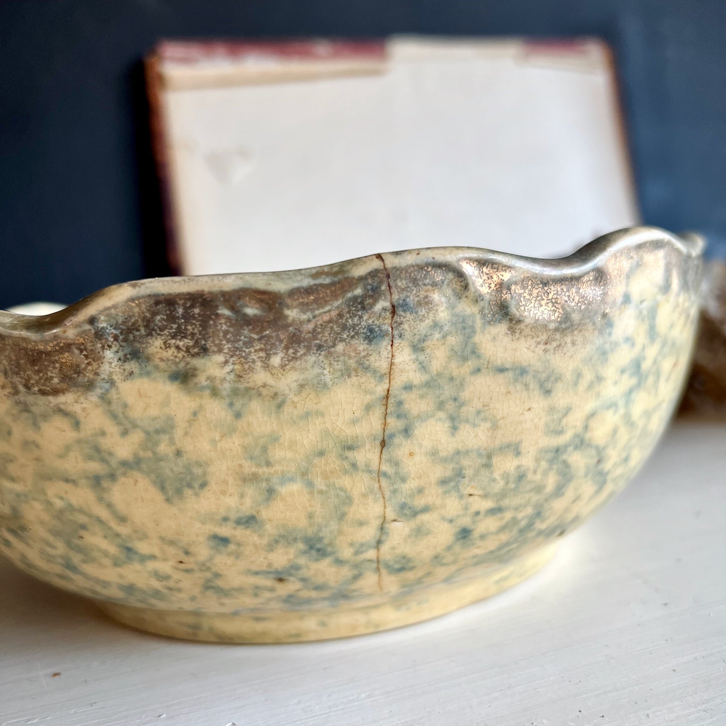 Antique Blue on Yellow Spongeware Bowl (c.1800s)