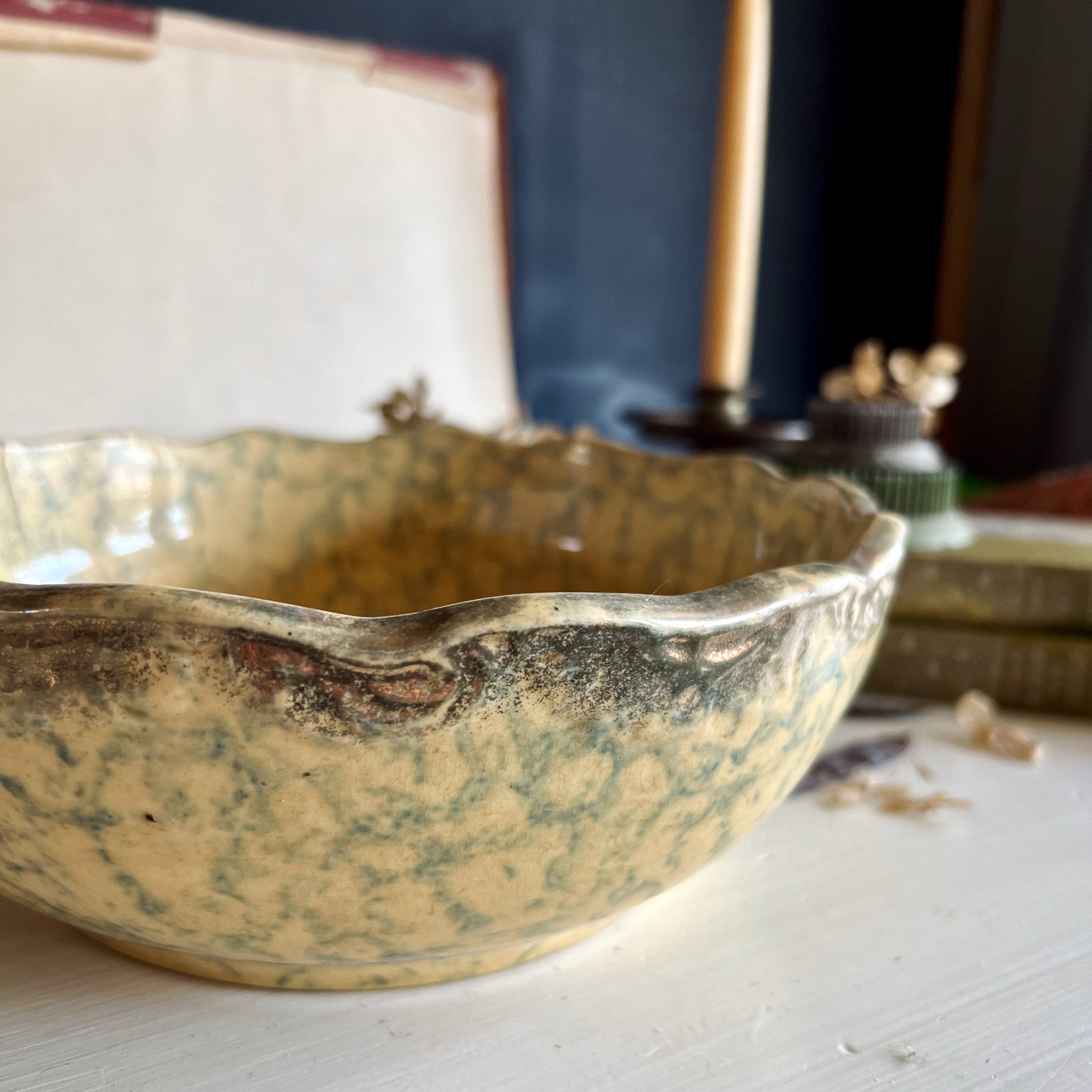 Antique Blue on Yellow Spongeware Bowl (c.1800s)