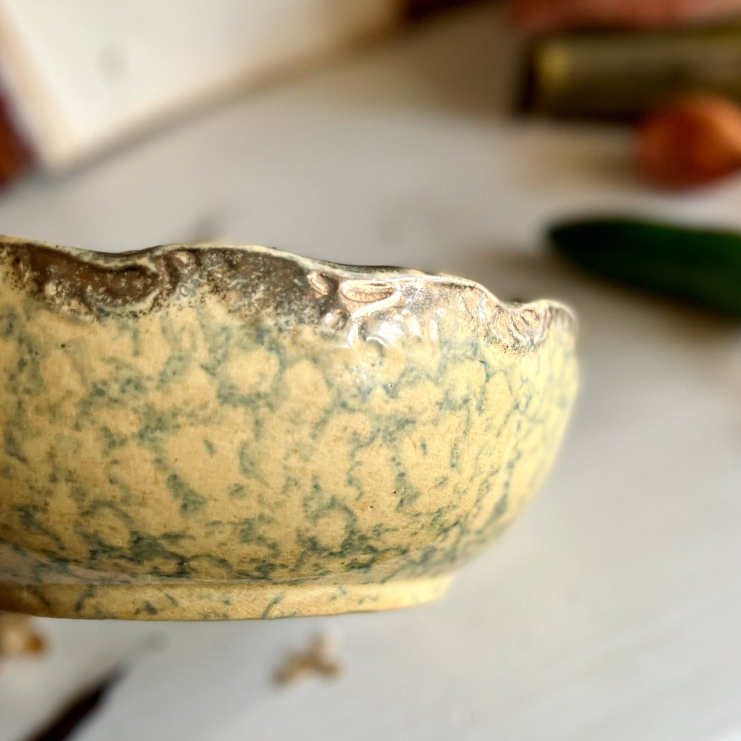 Antique Blue on Yellow Spongeware Bowl (c.1800s)