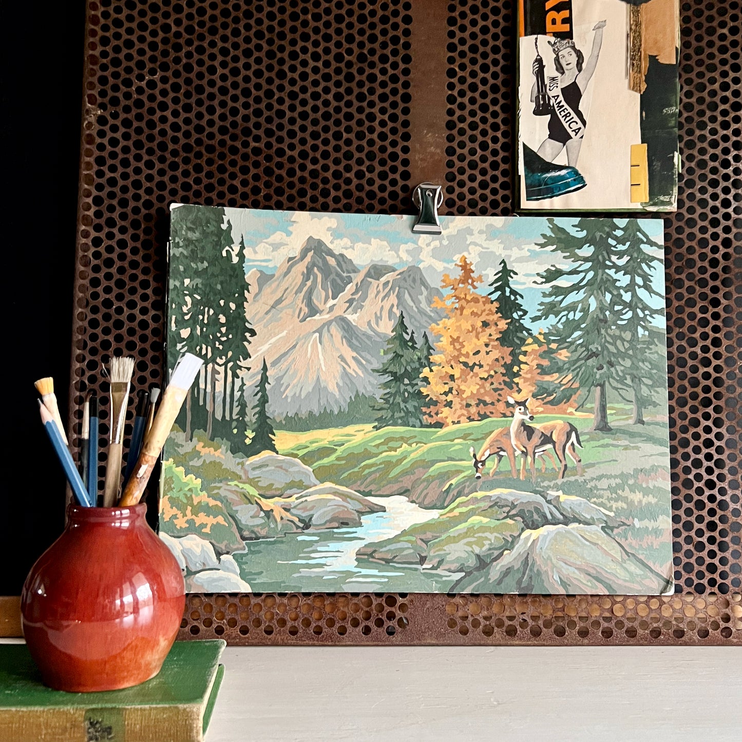 Vintage Paint By Number Mountain Landscape with Deer (c.1980s)