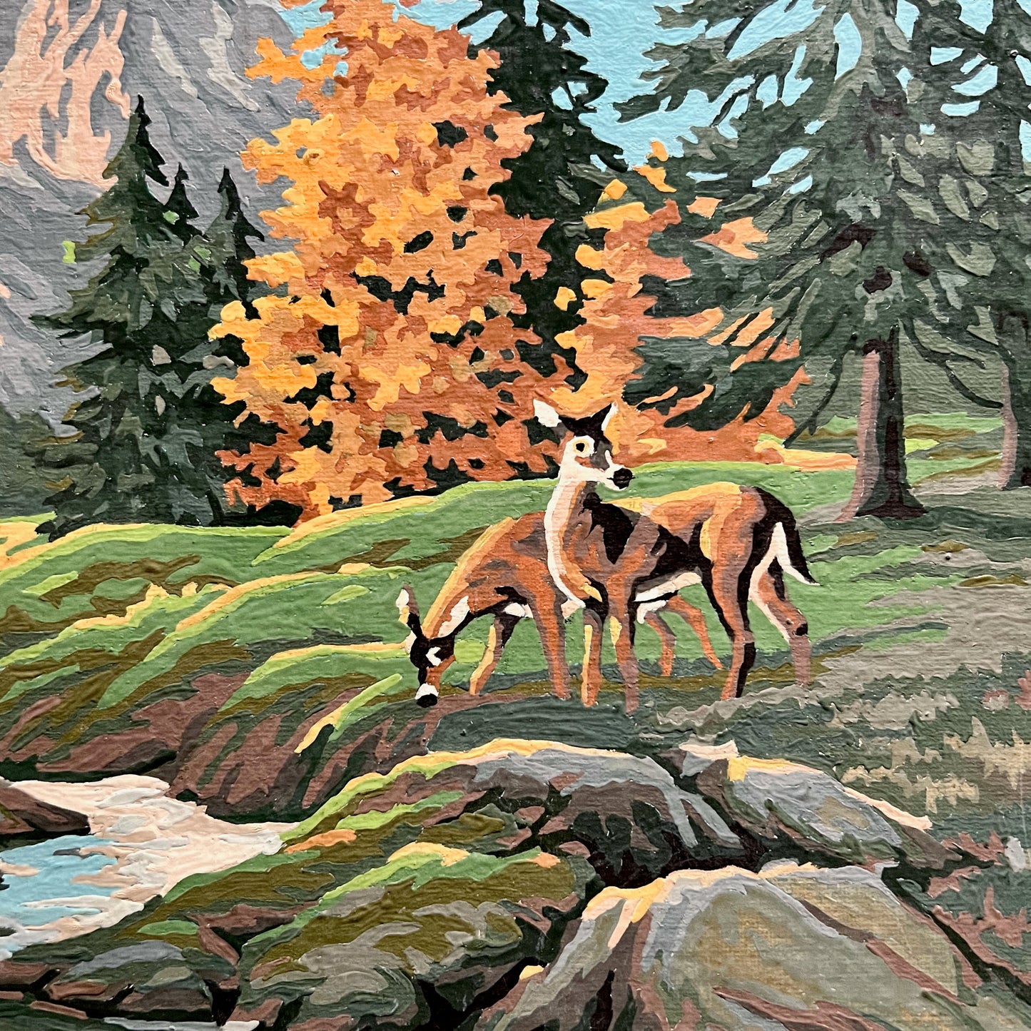 Vintage Paint By Number Mountain Landscape with Deer (c.1980s)