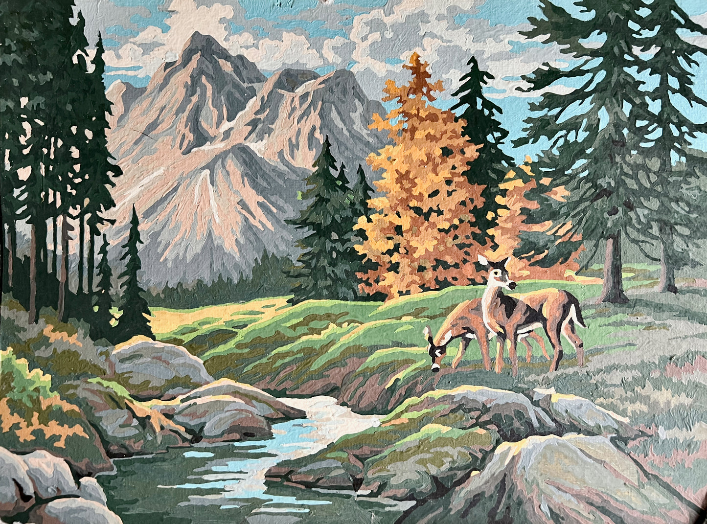 Vintage Paint By Number Mountain Landscape with Deer (c.1980s)