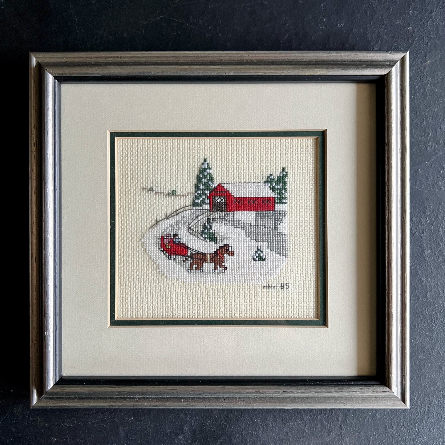 Vintage Framed Cross Stitch Christmas Scenes, Set of 2 (c.1980s)