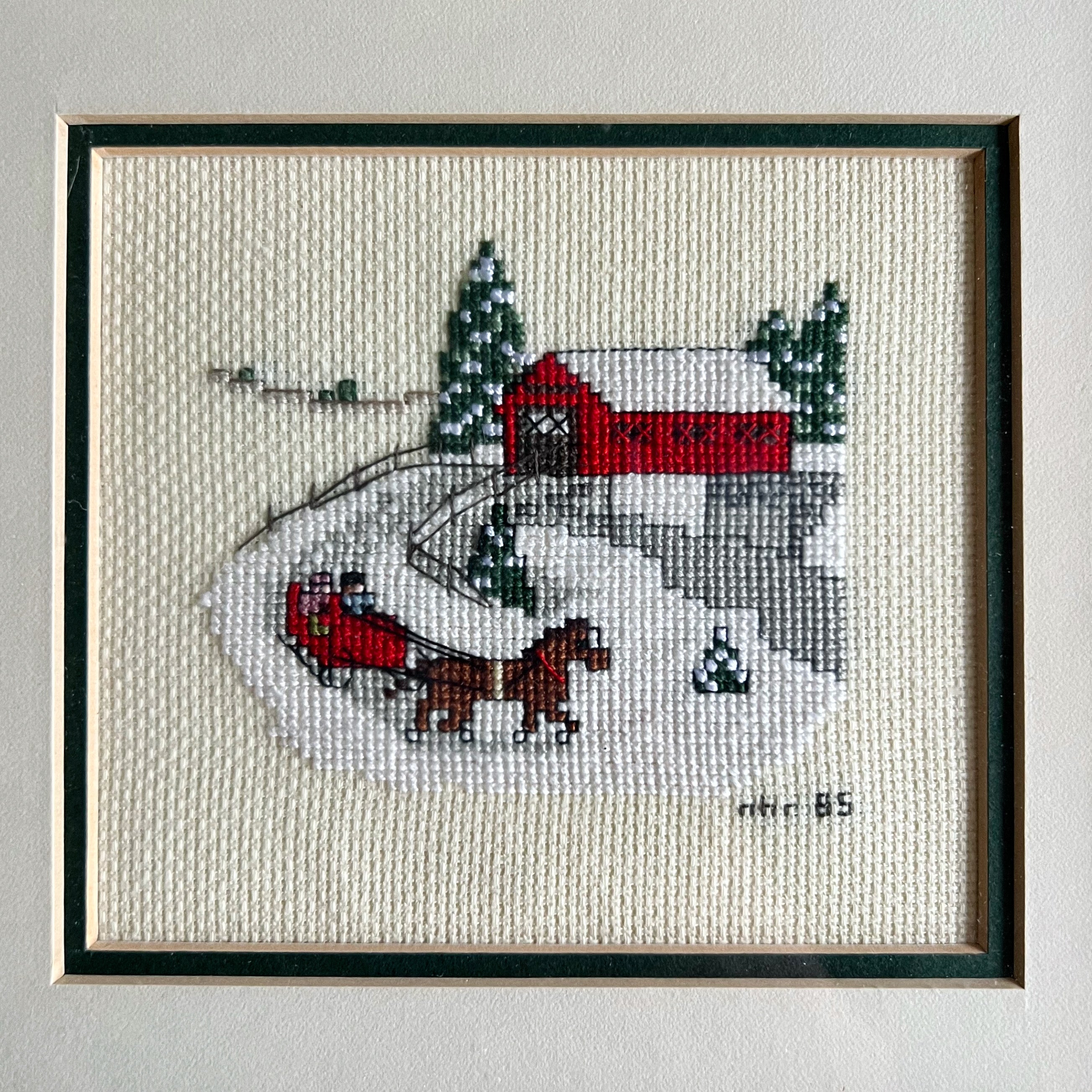 Vintage Cross Stitch Teddy Bear Kitsch on sale Christmas Winter Scene Framed Art