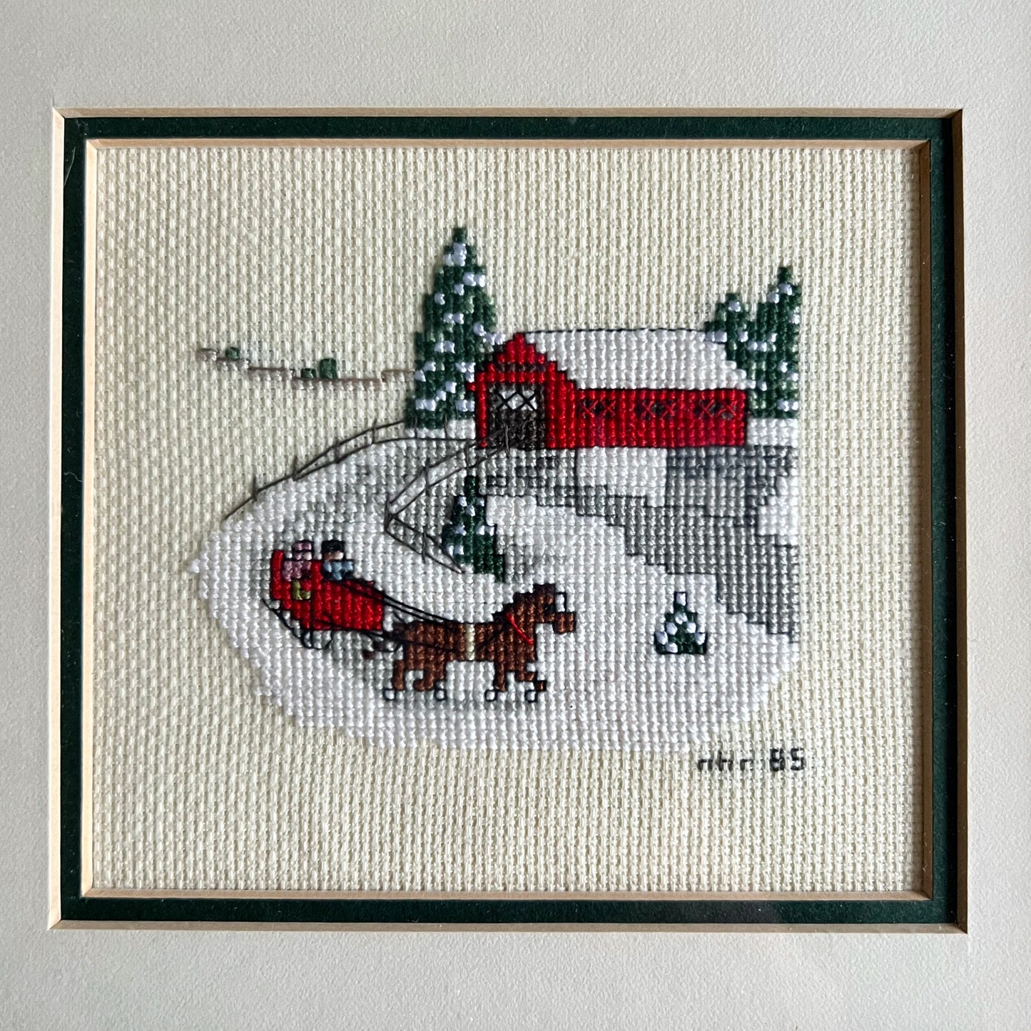 Vintage Framed Cross Stitch Christmas Scenes, Set of 2 (c.1980s)