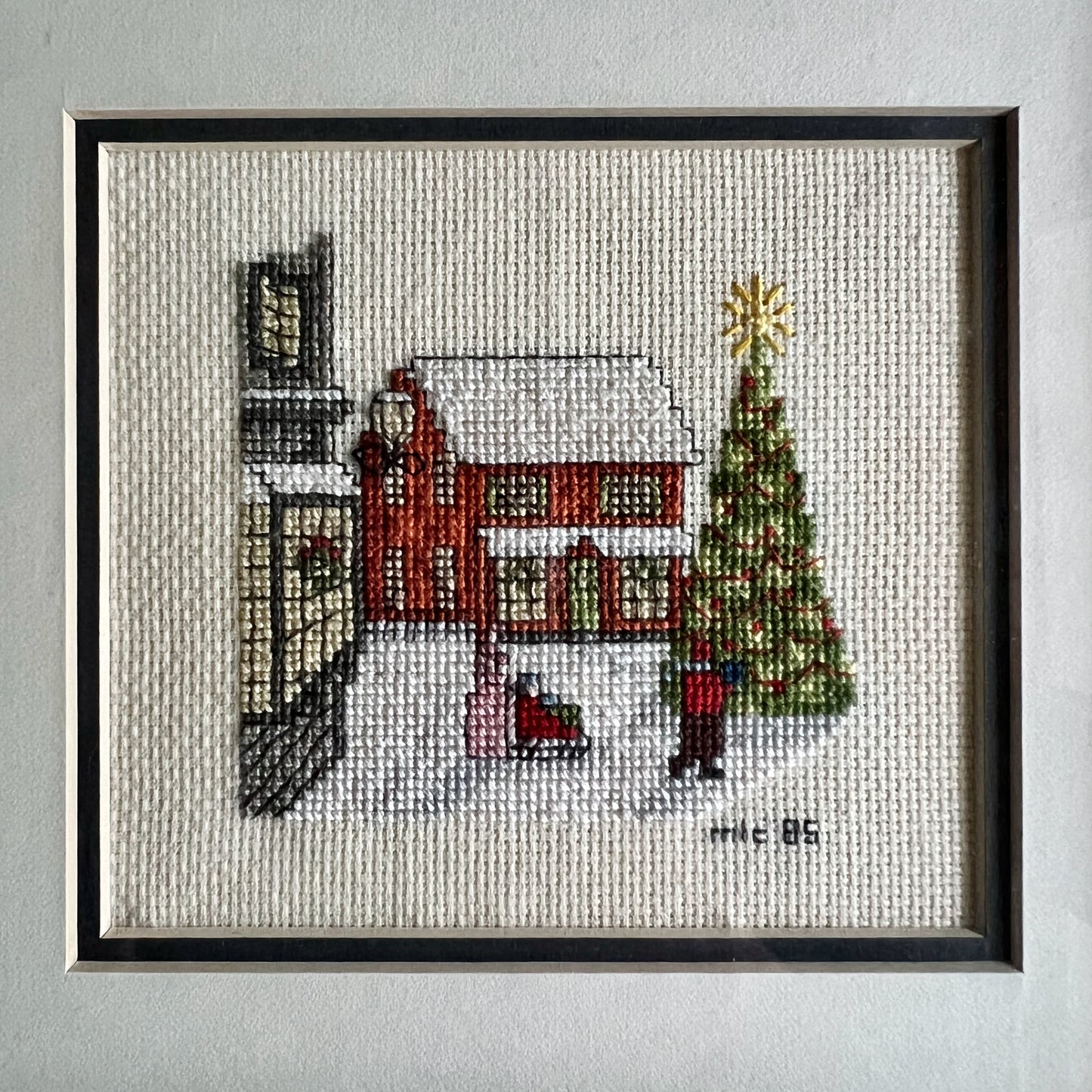 Vintage Framed Cross Stitch Christmas Scenes, Set of 2 (c.1980s)