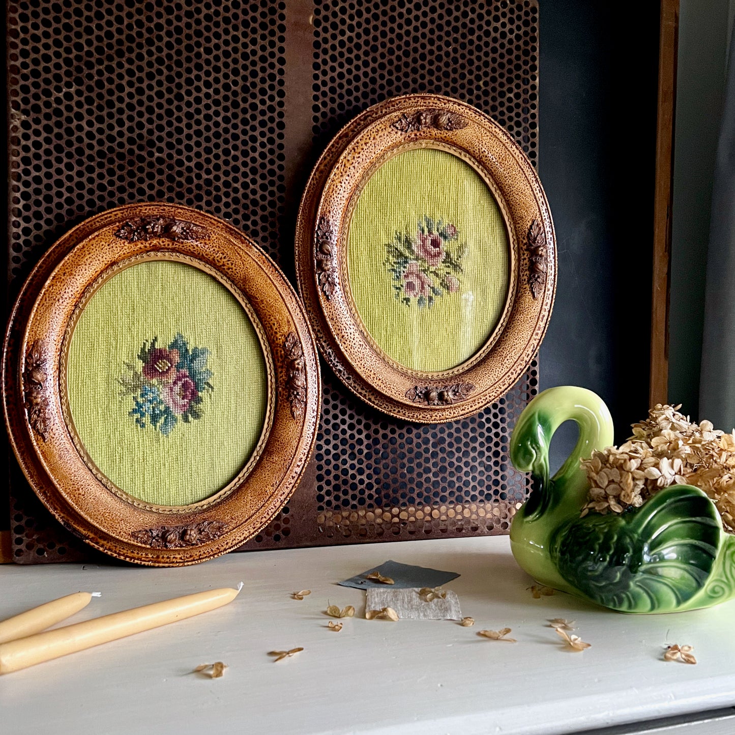 Antique Chartreuse Floral Needlepoint in Wooden Frames, Set of 2 (c.1900s)