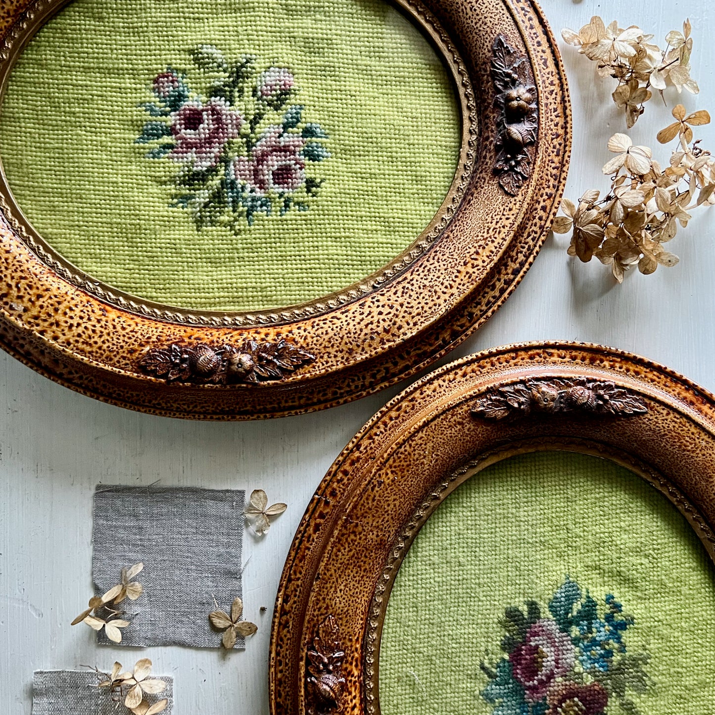 Antique Chartreuse Floral Needlepoint in Wooden Frames, Set of 2 (c.1900s)