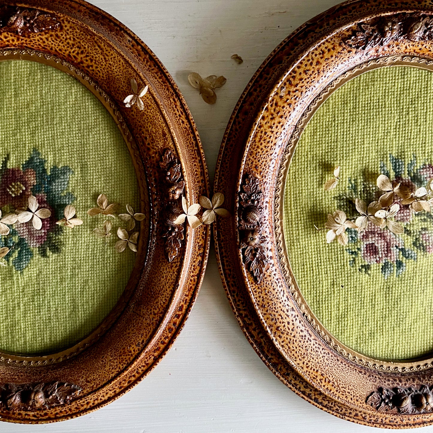 Antique Chartreuse Floral Needlepoint in Wooden Frames, Set of 2 (c.1900s)