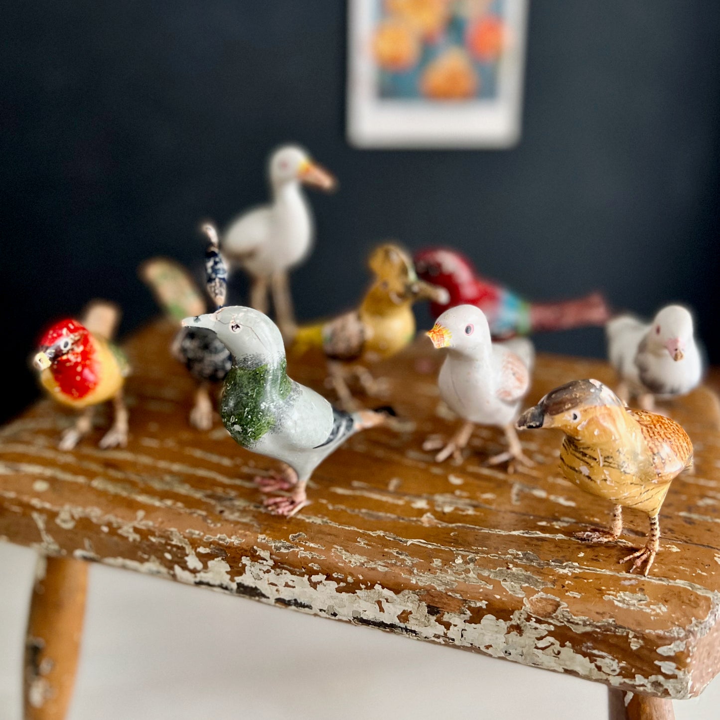 Vintage Decorative Wooden Bird Figurines, Set of 9