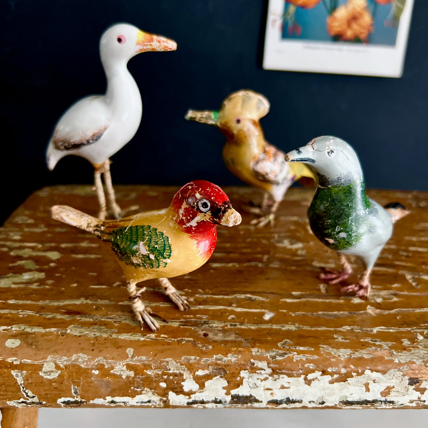 Vintage Decorative Wooden Bird Figurines, Set of 9