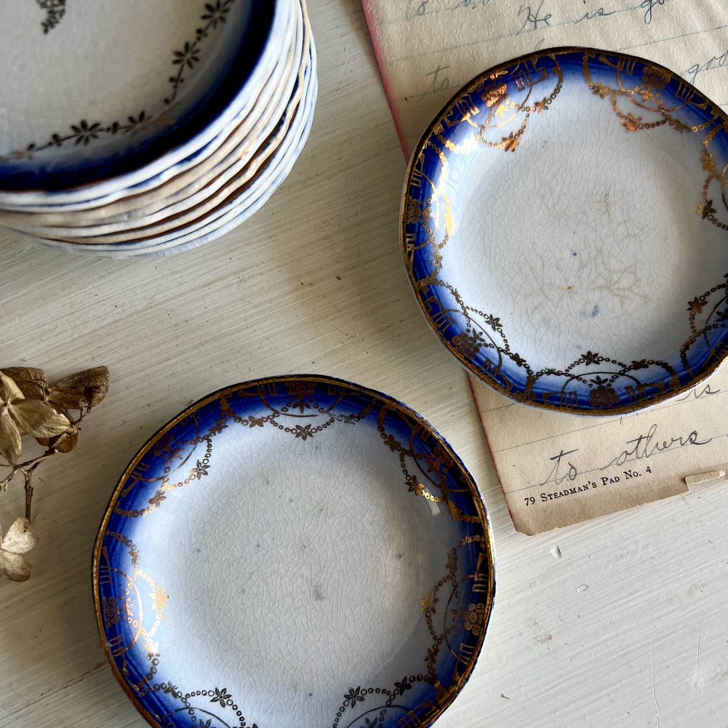 Antique Flow Blue Butter Pats, Set of 10 (c.1900s)