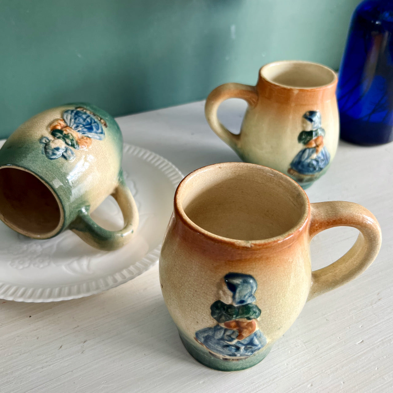 Antique Roseville Yellow Ware Holland Mugs (c.1900s)
