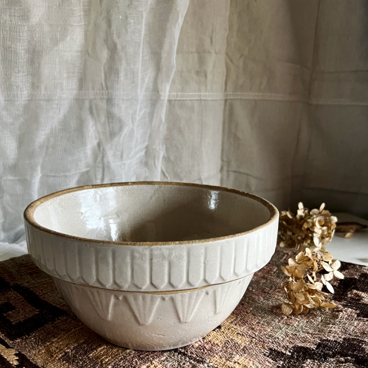 Old White Stoneware Mixing Bowl with Patterned Rim