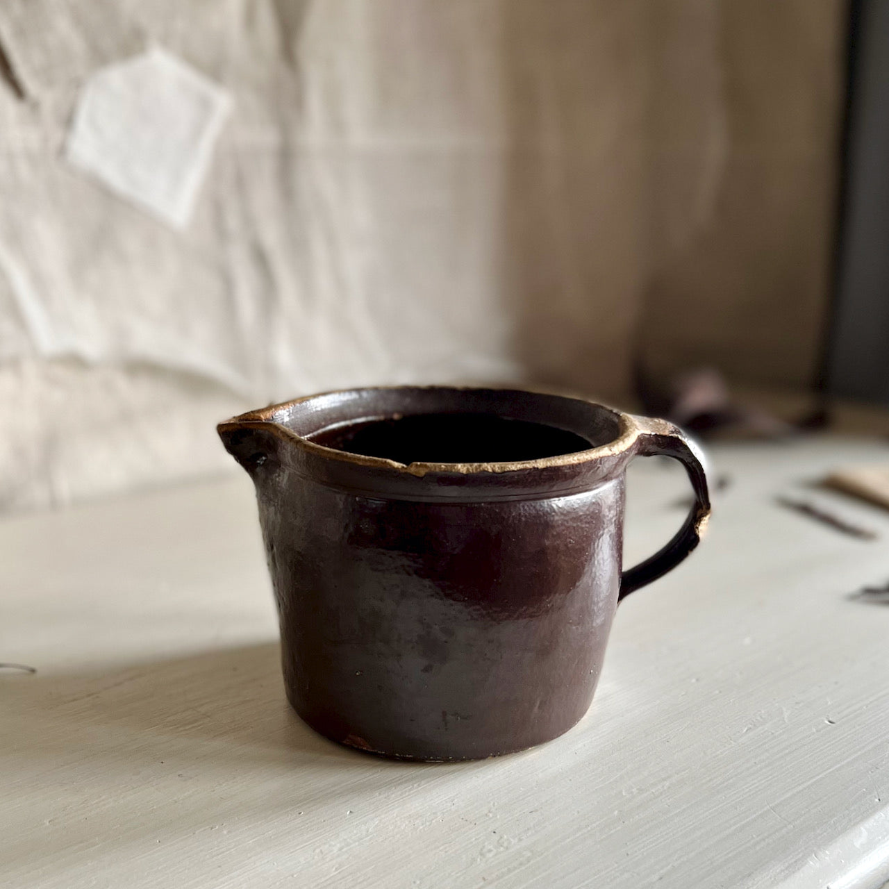 Rustic Old Brown Stoneware Pottery Pitcher (c.1900s)