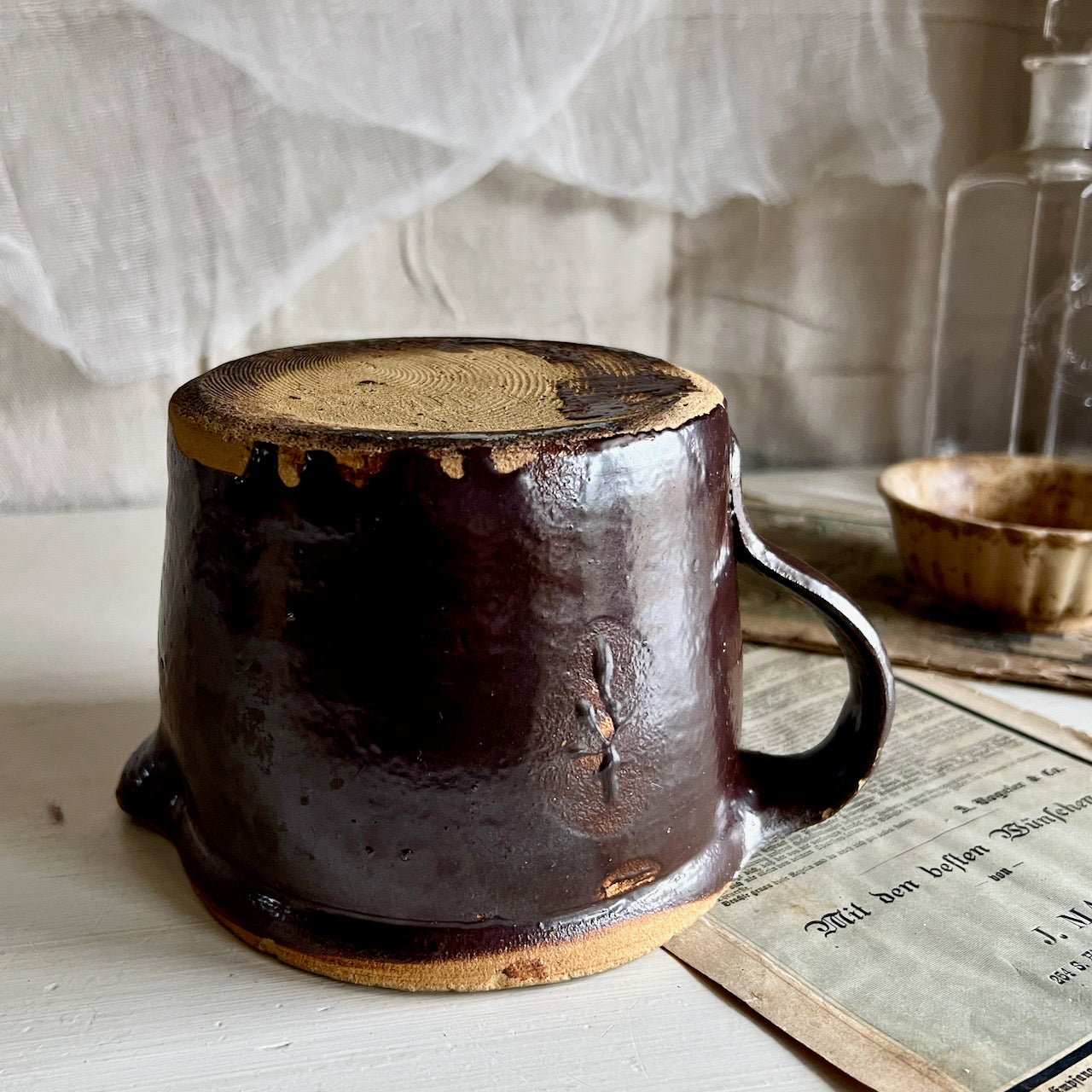 Rustic Old Brown Stoneware Pottery Pitcher (c.1900s)