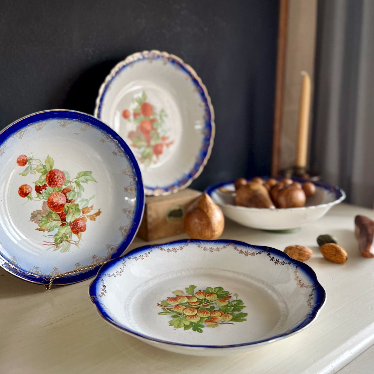 Mismatched Antique Flow Blue Bowls with Transferware Fruit, Set of 4 (c.1900s)